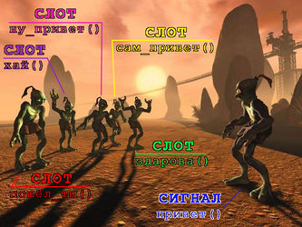 Один сигнал соединён с разными слотами разных объектов